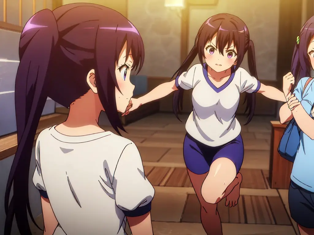 Several girls、Let me dash,Girls running at full speed,,gym shirts,Highest quality,back view,The girls、全員がbarefootです,1990s anime style,White shirt and blue bloomers,Angry expression,barefoot,A group of several girls,体操服と青いブルマを着たbarefootの女子たちが、Standing in a row、I run desperately through the schoolyard.,The girls素足です,The girls汗をかきながら、Running with a tired look,