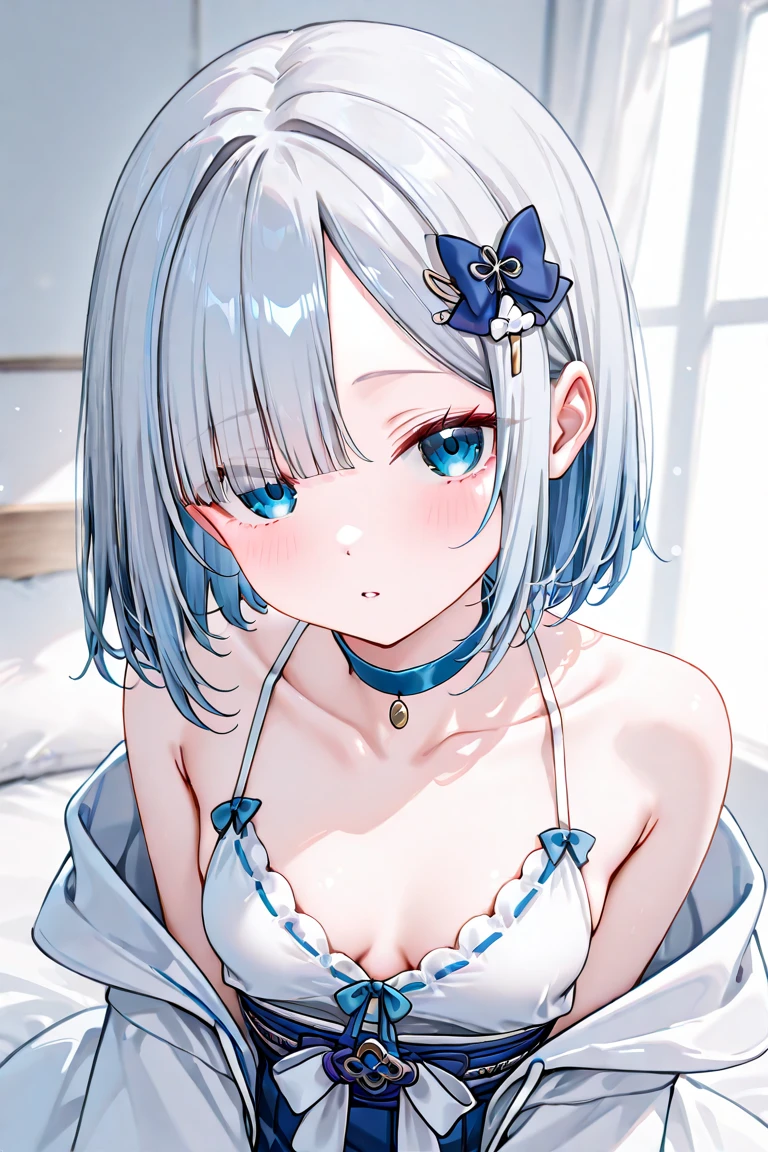(masterpiece, 2D anime:1.2), (best quality:1.2), (very aesthetic:1.2), (absurdres:1.2), (detailed background), newest, 8K, profile, (close up to kawaii face focus:1.3), (10yo kawaii petit little loli:1.2) (showing tiny cleavage:1.3), (natural face with blush:1.2), (anime style big blue teary eyes with eyelashes:1.2), (silver medium two side up hair:1.3), (taking off unbuttoned open shirts, small breasts, small areola, no bra:1.2), strapless, shoulder out, in bedroom