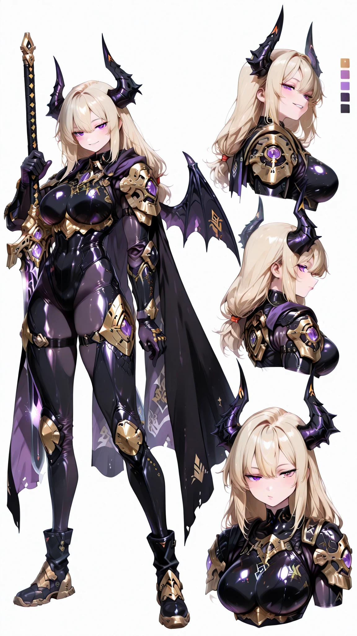 Concept art of a character from a hentai video game. The character is a woman named Syna. She is an extremely cruel succubus, who serves as an executioner at the abandoned chateau. She is of medium build, has full thighs and big round tits. She has pale skin. She has light green eyes. She has short white hair. She has black demonic wings, black demonic tail and black horns. She is dressed in a short leather skin, leather bra and black leather boots. She is also wearing a black cape. She has a grim look. She has the ability to summon three ghosts that look like her and who act as her servants. concept art, video game concept art, hentai game, anime, full body, best quality, masterpiece, maximum detail, high resolution, (((anime))), (((waifu))), (((hentai))), perfect anatomy, from the front, detailed background, High quality, incredible details, absurd res, full shot, ambient lighting, illuminated, female, (CharacterSheet:1), (multiple views, full body, upper body, reference sheet:1),
