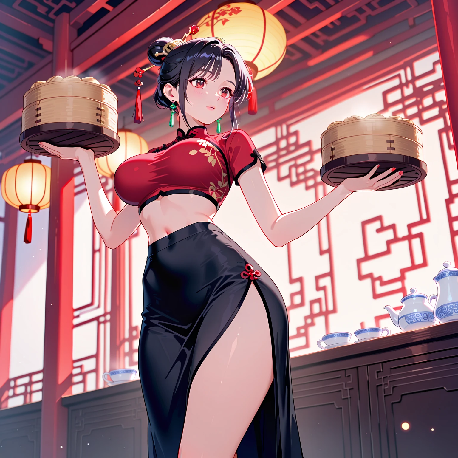 A woman in a Chinese dress making steamed meat buns at a Chinese restaurant Giant steamer Large Breasts