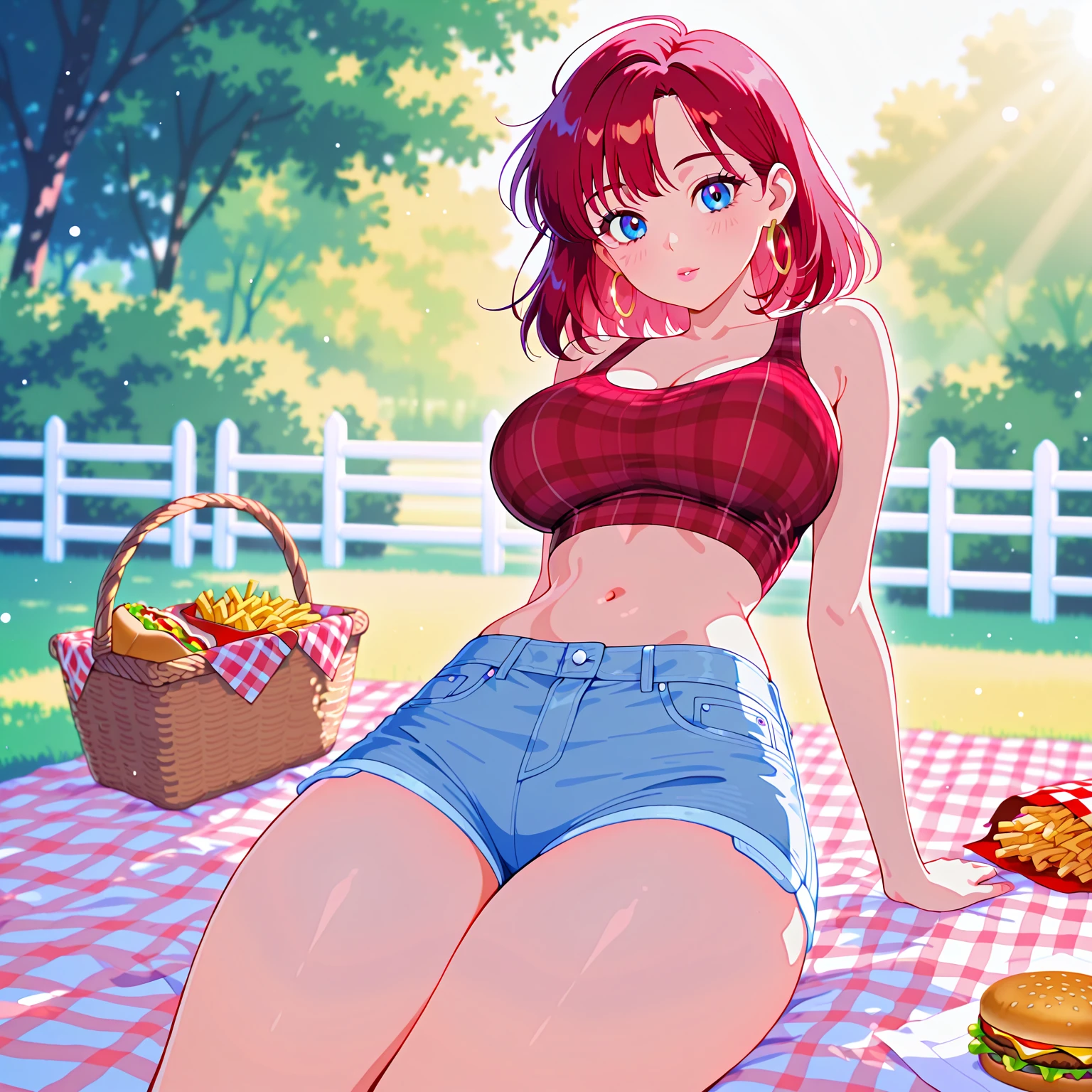 score_9_up, score_8_up, score_7_up, 1girl, solo, source_anime, hourglass figure, Big breasts, kemonomimi, bear ears, brown hair, short hair, messy_hair, blue eyes BREAK freckles, green shirt, short sleeves, navel, denim shorts, high socks, green sneakers, smile, open mouth, looking at viewer, outdoors, sitting on grass, daytime, picnic, picnic basket, picnic blanket, food