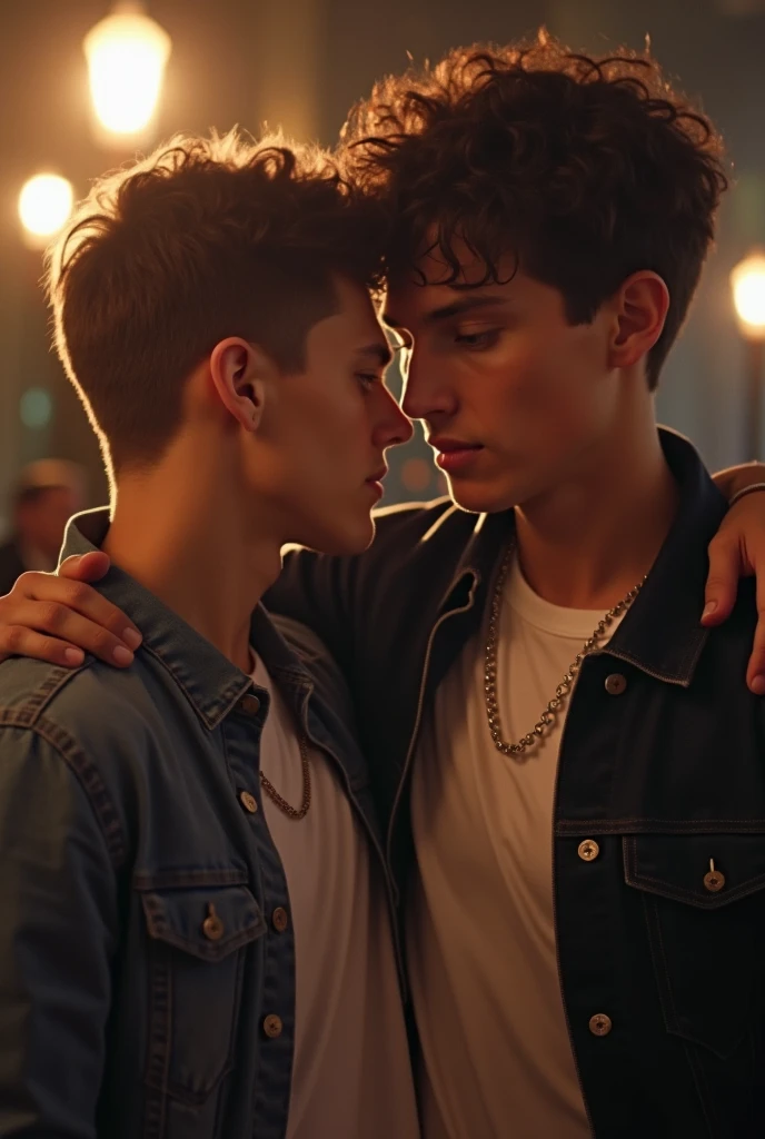 Two Caucasian  gay beatiful shirtlees teenboys ,white skin, blond dark hair, dress fit short,big bulge, kisses through a night street in Harlem , warm night. Their youthful features and fair complexions contrast against the backdrop of the urban setting. The image, which could be a photograph, captures a moment of casual exploration and free-spiritedness amidst the gritty atmosphere of the city. Each teenboys exhibits a unique sense of style and confidence, radiating an aura of independence and camaraderie. The composition and lighting of the image evoke a cinematic atmosphere, adding a touch of drama and intrigue. This captivating visual showcases the striking juxtaposition of innocence and urban culture, inviting viewers to contemplate the complex dynamics of youth and identity in an urban environment.Dress tanktop and shorts .Color photo.