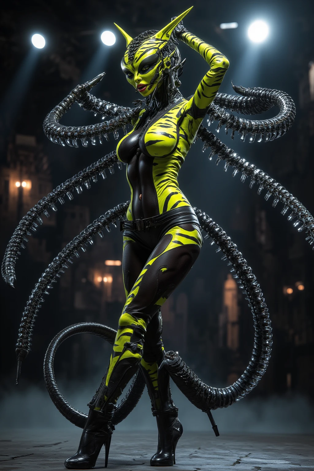 Female fused with a spider The limbs appear to be wearing a rubber suit with yellow and black stripes He has three round red eyes on his forehead Sharp nails on the tips of the fingers, nffsw, retinas, masutepiece, ccurate, Anatomically correct, Textured skin, Super Detail, high details, High quality, Best Quality, hight resolution