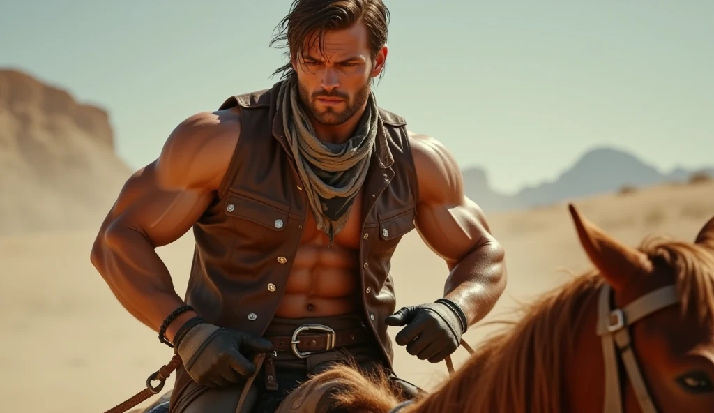 A young handsome skinny man with no shirt standing in the desert with many horses running behind him 