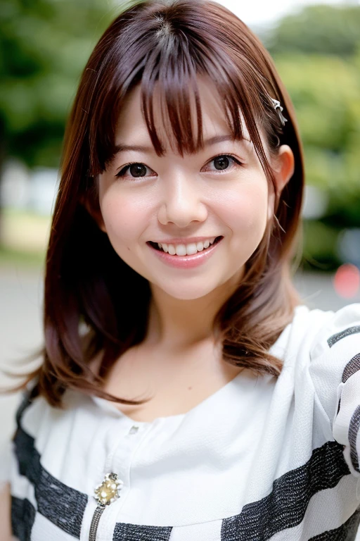 1girl,(wearing a pink dress and a cardigan:1.2),(RAW photo, best quality), (realistic, photo-realistic:1.4), masterpiece, an extremely delicate and beautiful, extremely detailed, 2k wallpaper, Amazing, finely detail, extremely detailed CG unity 8k wallpaper, ultra-detailed, highres, soft light, beautiful detailed girl, extremely detailed eyes and face, beautiful detailed nose, beautiful detailed eyes,cinematic lighting,(autumn scenery:1.2),maple trees in autumn,(by a small rocky river),morning light,perfect anatomy,slender body,(wide smile:1.4),(1 fang tooth on upper right teeth:1.5),(long hair with bangs), <lora:koikeyui_lora:1>