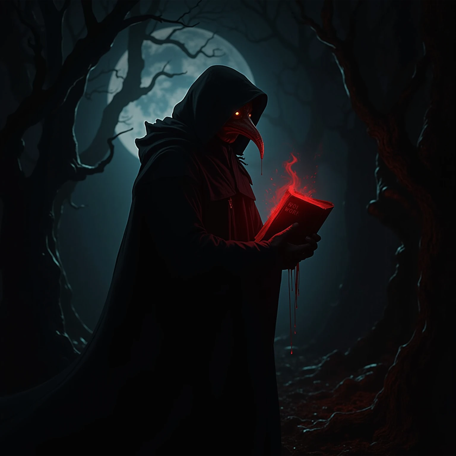 I want a cover for my book where the background is a foggy night forest with a man coming out., dressed in black with a red hooded cape and holding in his right hand a book with the word story on it, and in the left hand he has a hairy glove with long claws that reaches to the forearm and is full of blood 