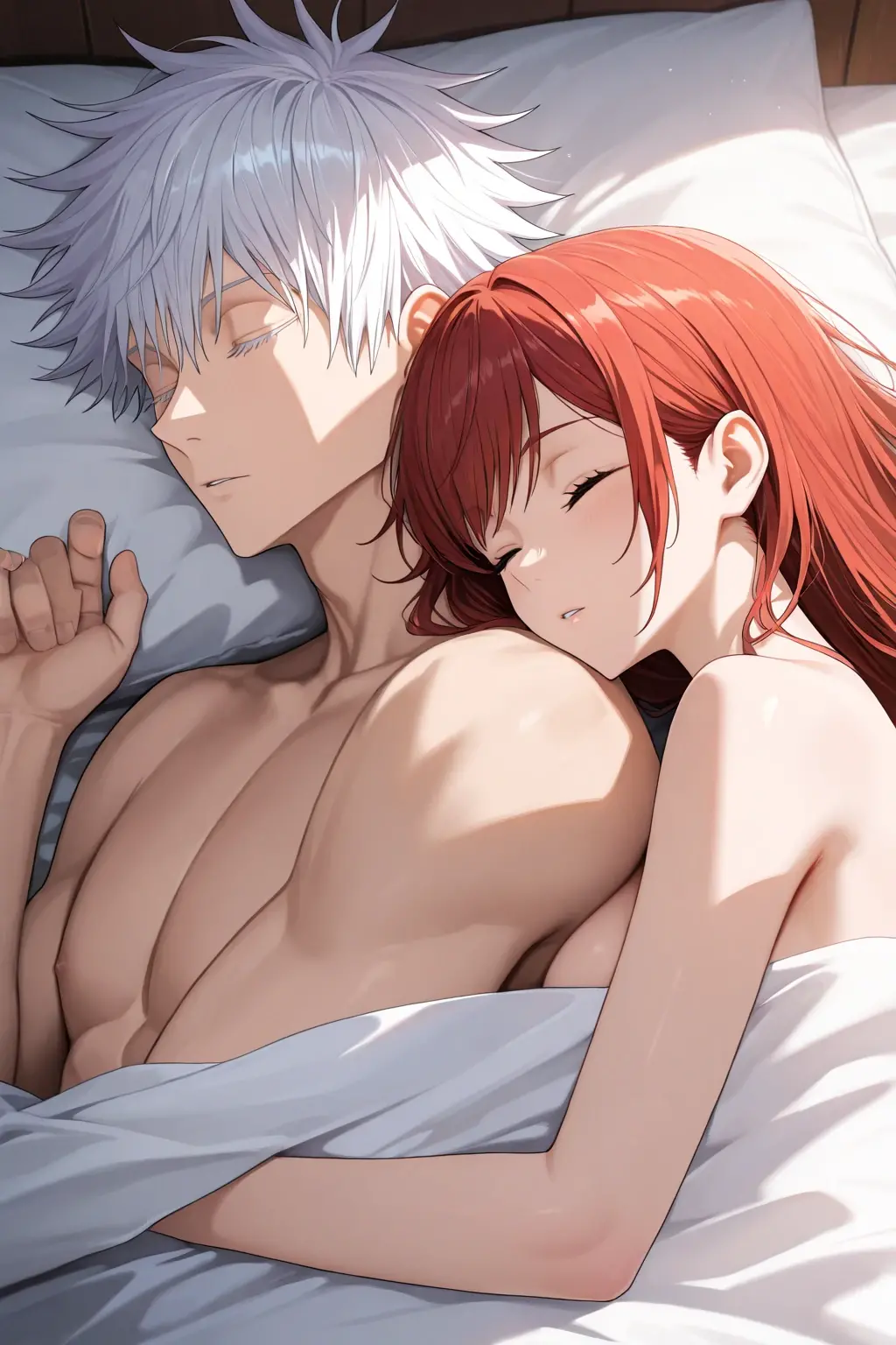 a hot kitsune woman in anime style with red hair and 9 tails she is busty with short kimono her nipples are free in bed with an kitsune male with big cock and white hair