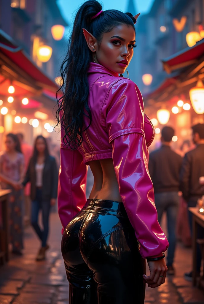 Gwen Poole, facing away from the camera with a big ass, latex booty shorts and White and pink latex suit