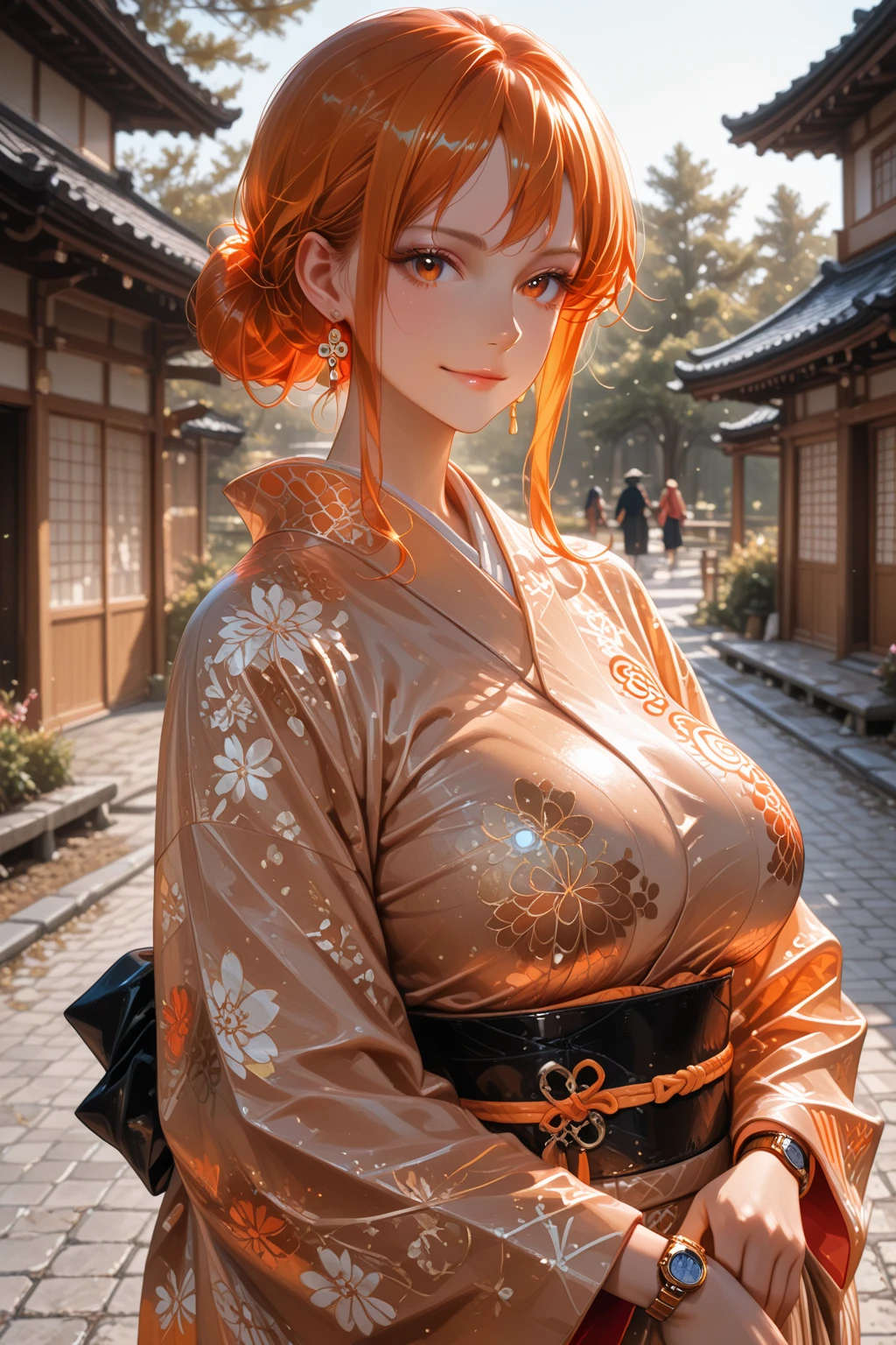 Nami aus one piece, orange lange Haare, orange Augen , japanischer Kimono, eng, klein, huge, Japanese building,