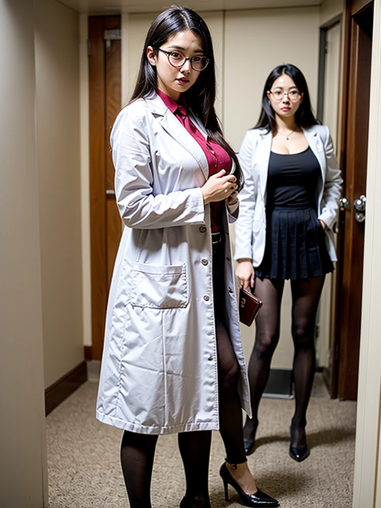 (YES SFW), a nurse wears a white coat, (windy upskirt), [panty_upskirt and cameltoe]. (1 doctor woman wears a white labcoat), upskirt of female doctor standing on the stairs. ((a woman standing:1.5)), [The character (complete) is surrounded by mist, evoking a mysterious and eerie atmosphere. The lighting is dark and atmospheric, with a red smoke adding a touch of sinister ambiance. Best quality image, with a resolution of 4k and HDR enhancement, showcasing the utmost level of detail and realism, full body shot:1.5]. [8K, Best Quality, Masterpiece, Ultra High Resolution]. 