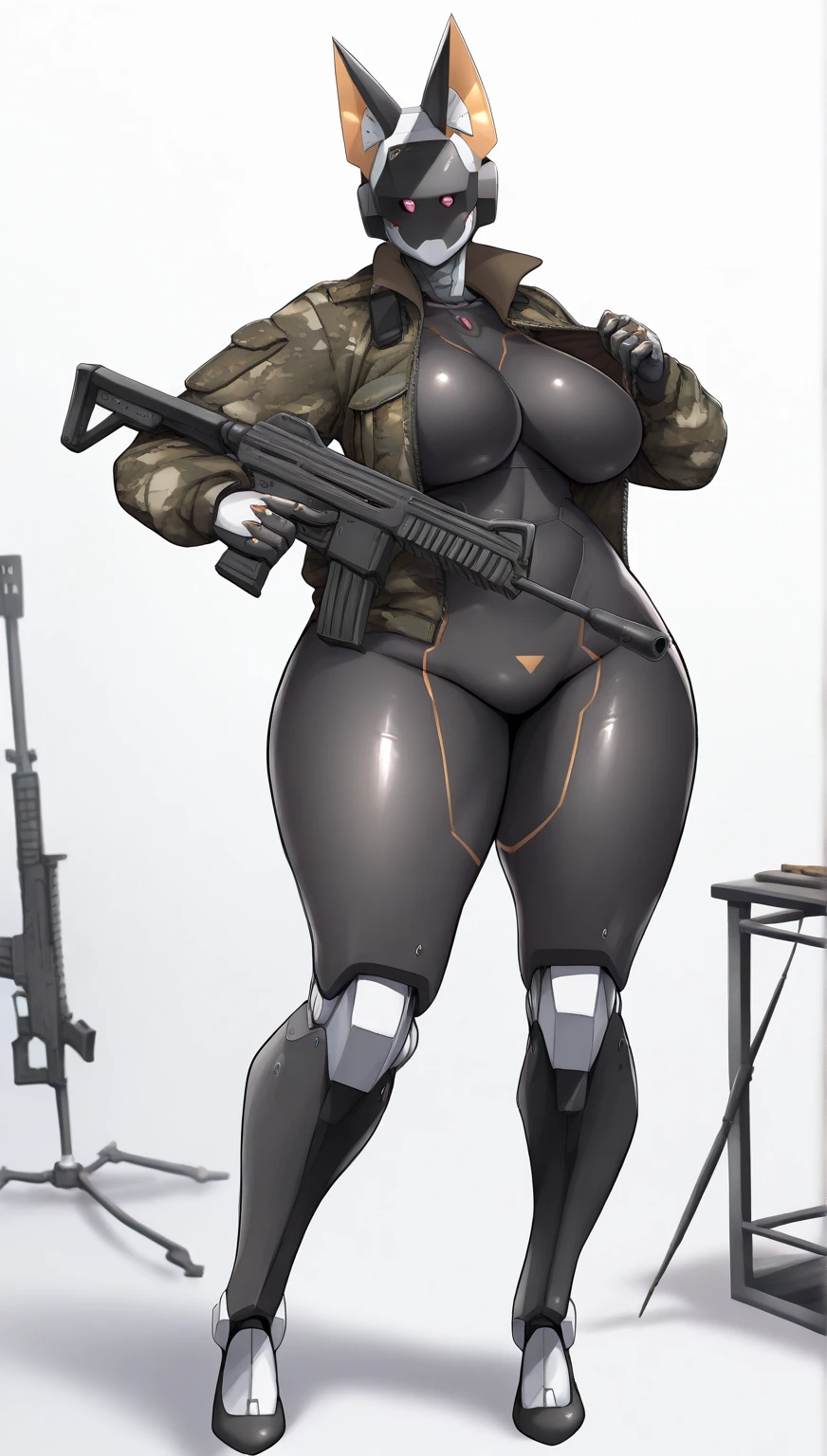 brown and gray sniper girl wearing brown militray suit,Huge Breasts,ruins,red glasses,Thick smoke,cleavage,Lipstick,pant,ponytail hairstyle