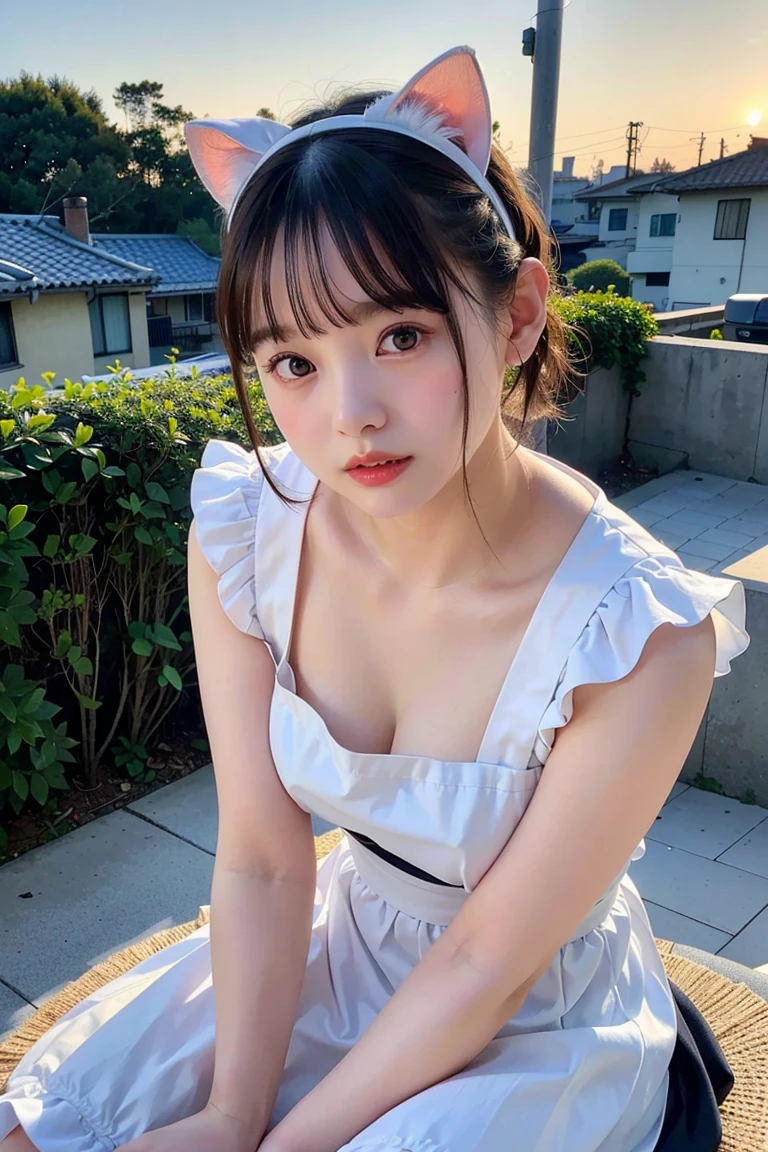 top-quality、超A high resolution、(photoRealstic:1.4)、red blush、cute little、(详细的脸)、Light smile、Looking at the camera、The upper part of the body、komono、Sunnyday、a river、(cherry trees)、blue-sky、huge tit、Emphasis on chest、short-cut
