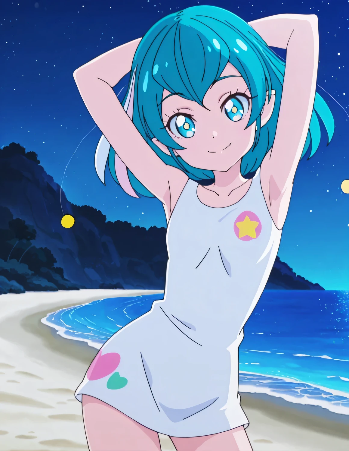 hagoromolala, hagoromolala, lalapajamas, white shirt, sleeveless, small breast, anime screencap, high quality, closed mouth, solo, cowboy shot, night sky, beach, hands behind head, ((contrapposto)), looking at viewer, smile, best quality,