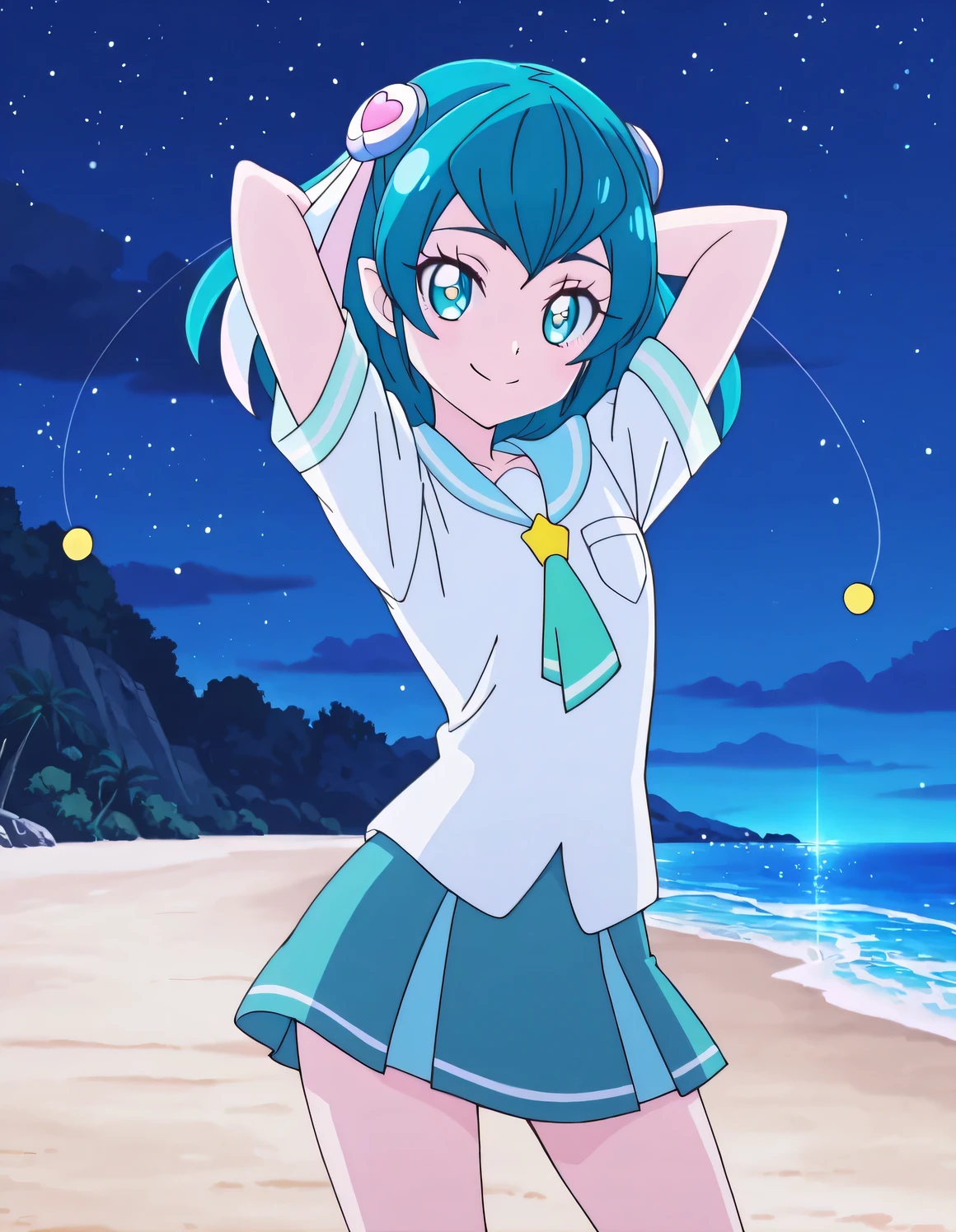 hagoromolala, lalaschool, white shirt, hair ornament, anime screencap, high quality, closed mouth, solo, cowboy shot, night sky, beach, hands behind head, ((contrapposto)), looking at viewer, smile, best quality,