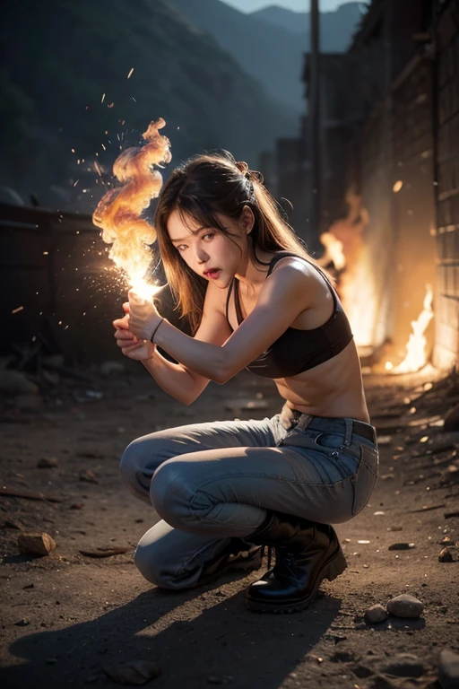 Realistic, exaggerated image of a woman sitting on the floor. She was surrounded by flames emitted by the fan in front of her. As she faced the fan that was filled with the hot flames of the air, the atmosphere was unbearably hot, 3D images, 8K resolution.