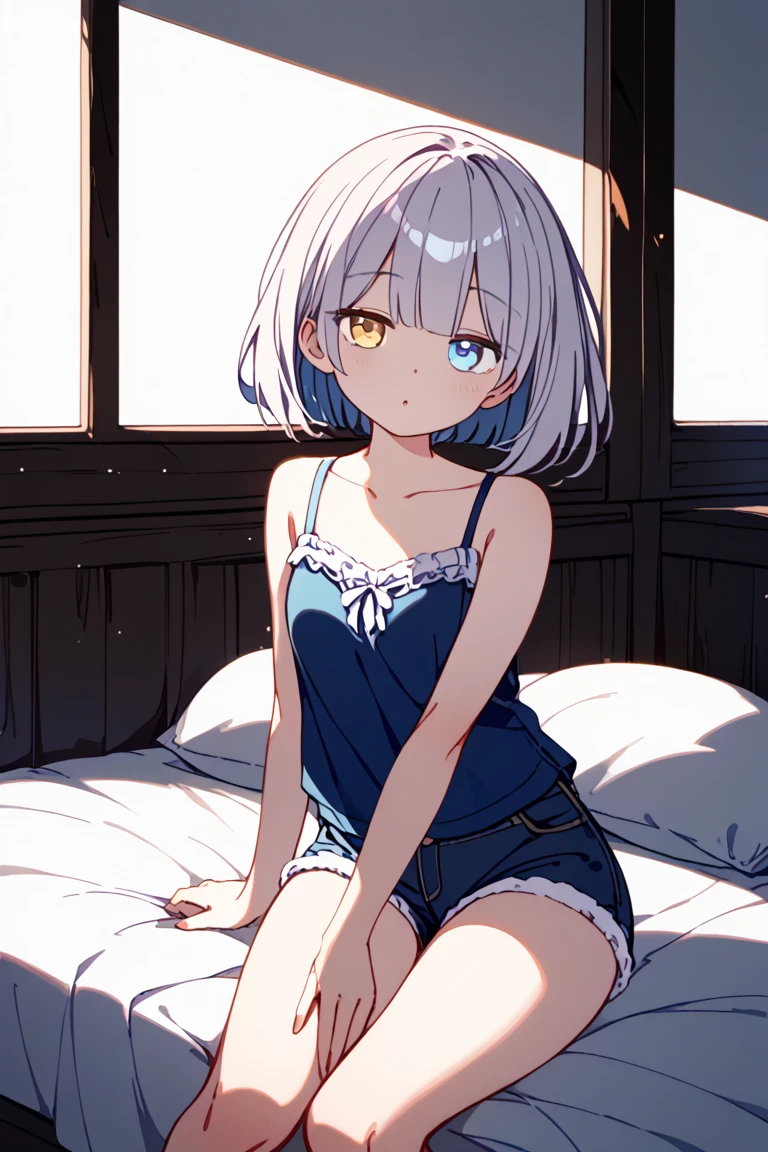 1 girl,pale hair,Crevice,Cleavage,pallid,pale colors,pale eyes,masterpiece,best quality,very aesthetic,absurdres,blue eyes,nightgown lift,indian style,