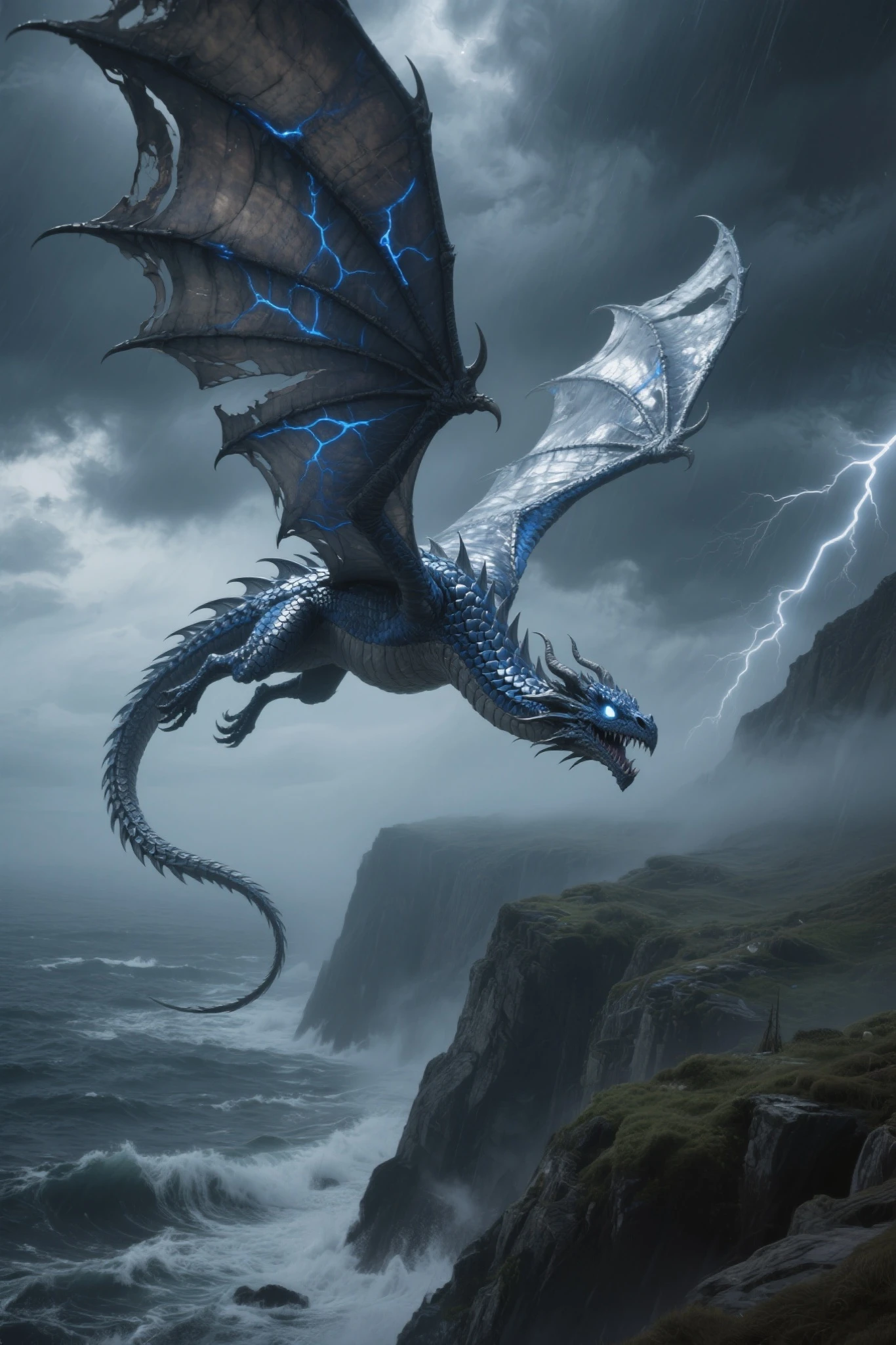 (A storm dragon with 2 wings standing on a high rocky ledge ), solo, lightning, clouds, rain, BREAK, mystical creature, realistic, ultra detailed, dynamic pose, moonlit night, detailed snowy mountain background