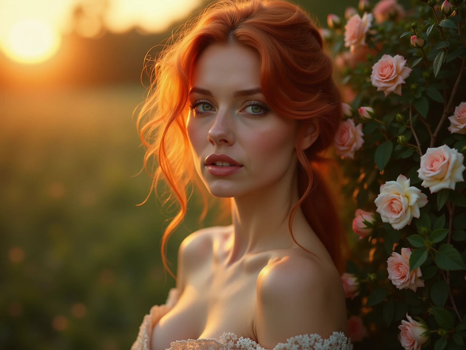 (masterpiece), cartoon, best quality,(photo_(medium):1.0), by Antonio J. Manzanedo, by Jeremy Lipking, lightning, painting style with watercolor, Brushstrokes, black eyes,colorful,vibrant colors,1 ultra hot gorgeous busty European woman. Blight auburn hair. Looking through a dirty old window. Outside garden with roses scenery.
