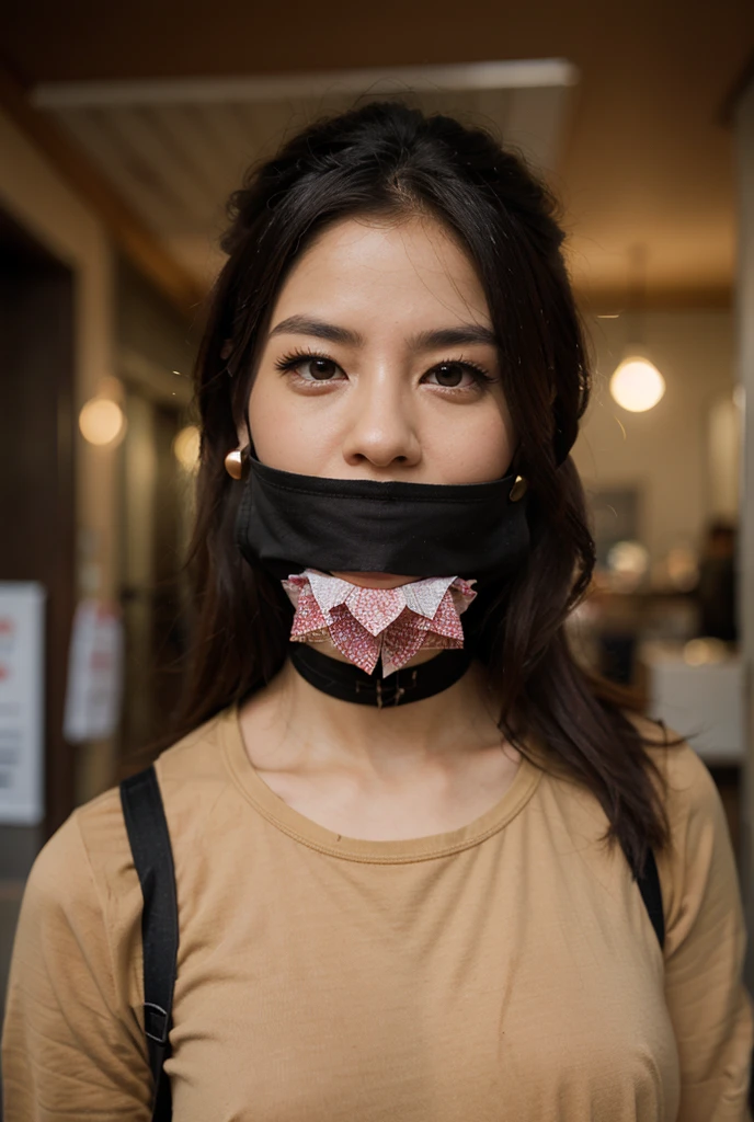 a black and grey (bandana) tightly wrapped around her mouth, (wet and soaked in saliva)