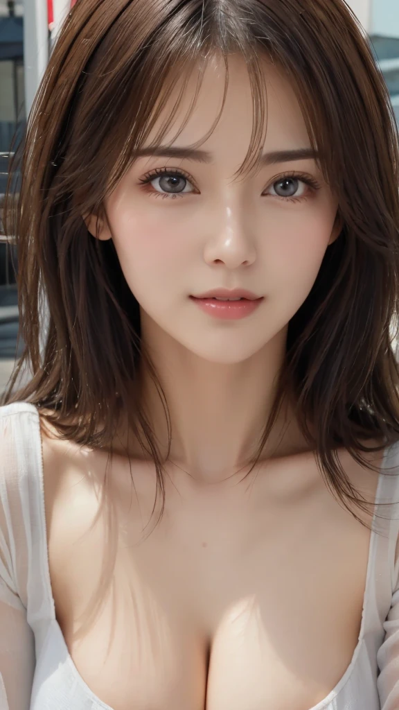 1womanl, (Ultra Realistic, hight resolution), (Highly detailed eyes, Highly detailed hair, Highly detailed face, Highly detailed plump lips), (off shoulder with open breasts), breasts, Upper body, Search Smile, (Best Quality:1.4), Raw photo, (Realistic, photo-Realistic:1.37), Professional Photography, Cinematic Light, (Fine face: 1.2),