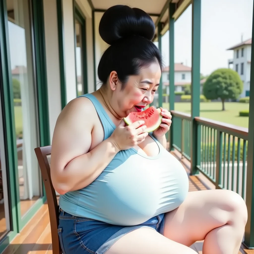 Fat Woman, Obese, Big Size, Round face, Double chin, Overweight,Shoulder-length fluffy hair , Eating deliciously,Looking at the camera,smile、
