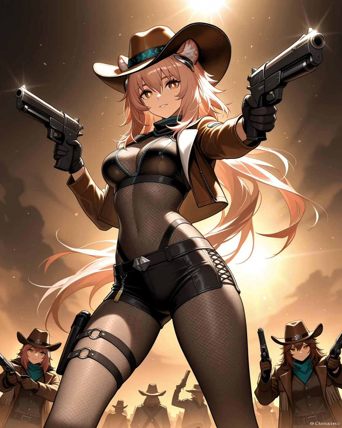 a cyborg girl, milf, robotic legs and arm, cowboy hat, long braided brown hair, torn clothes, exposed panties and bra, military boot, rifle under arm, legs apart, background moon