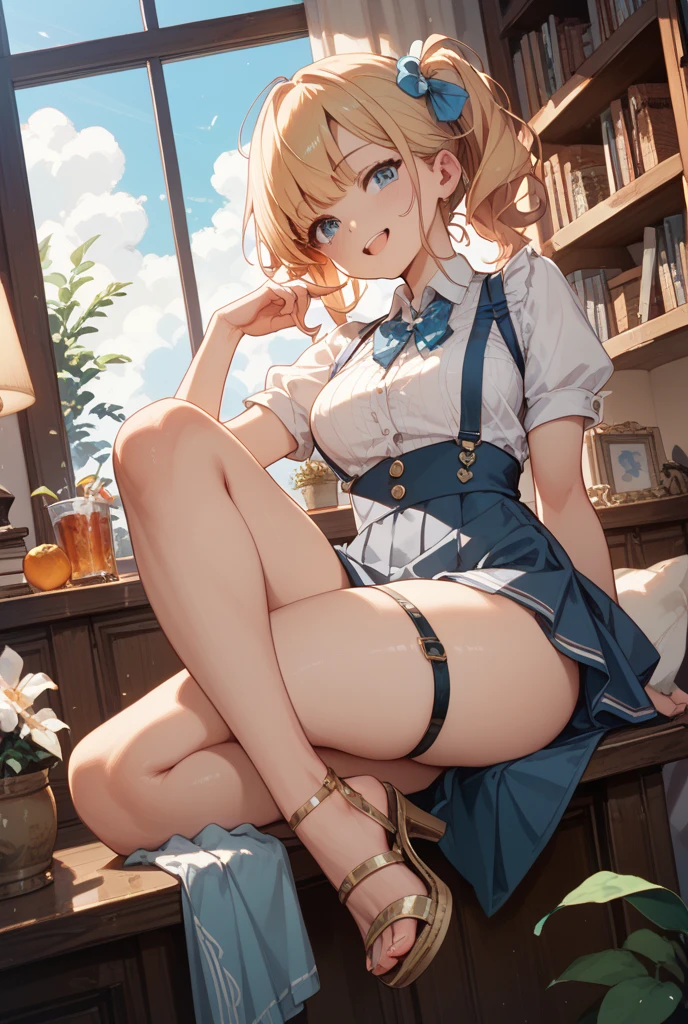 Flat chest, loli, blonde hair, big green eyes, low ponytail, parted bangs, classroom, wide hips, full body, short shorts, (masterpiece:1), (abundant detail:1), arched, elf ears, covered erect nipple
