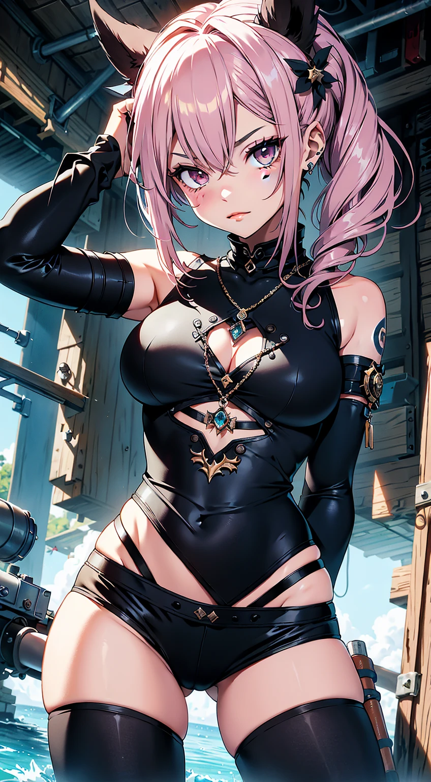 1girl, anime, cute girl, blank background, white background, fantasy, detailed fantasy dress with highlights, beautiful face, beautiful eyes, dark colors, pink hair with some streaks of blue strands, different color pupil in eye, medium small breasts (slightly big), slight cleavage, beautiful skin, cute, breast curtains, extremely delicate and beautiful, (beautiful detailed face:1.0), (detailed deep eyes), symmetrical breasts, deep eyes, shiny skin, portrait, slender waist, hips wider than shoulders, thighs, expressionless, young girl, luminous eyes, adorable,(Kpop idol),(aegyo sal:1),(Platinum blonde hair:1),((puffy eye)),Black panty,sexy posture,Superskirt, ultra high resolution,Black collar,slim figure, Abdominal y tattoo, womb tattoo,Tight-fitting leg ring,y tattoo on half-body,Bare skin, Armored hand,Hidden fingertips,Hand covered,Arm covered,Fist covered,{{beautiful detailed fingers}}, tufts of hair,
