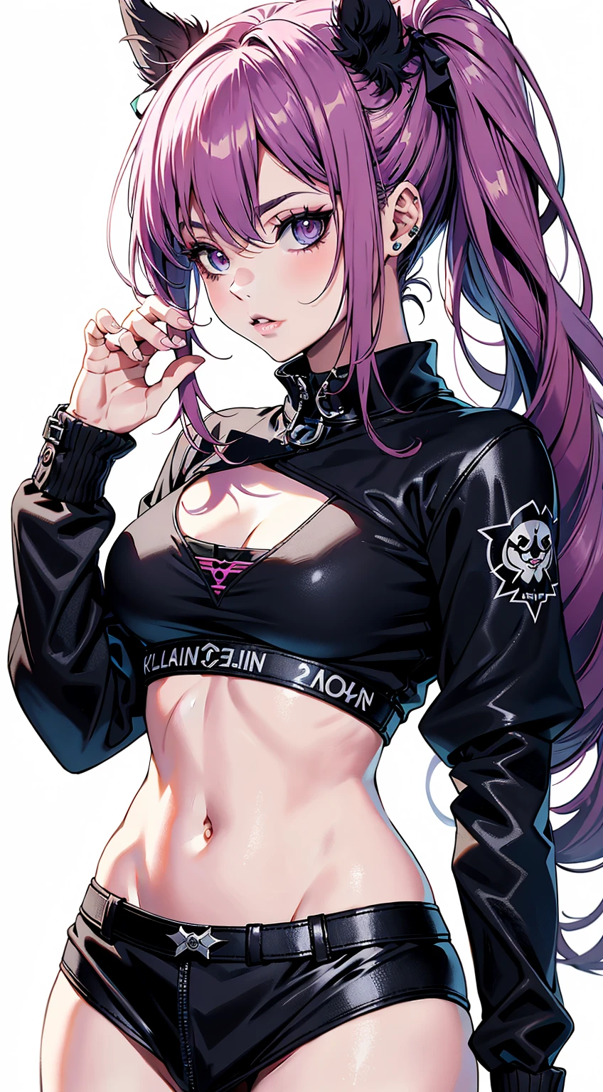 Sunburned skin,Sexy woman,Black hair purple eyes,Long Tongue,Belly-baring jacket,Shortcuts, Gradient color hairstyle, Textured skin, Highest quality, Demon Sword,Cobra