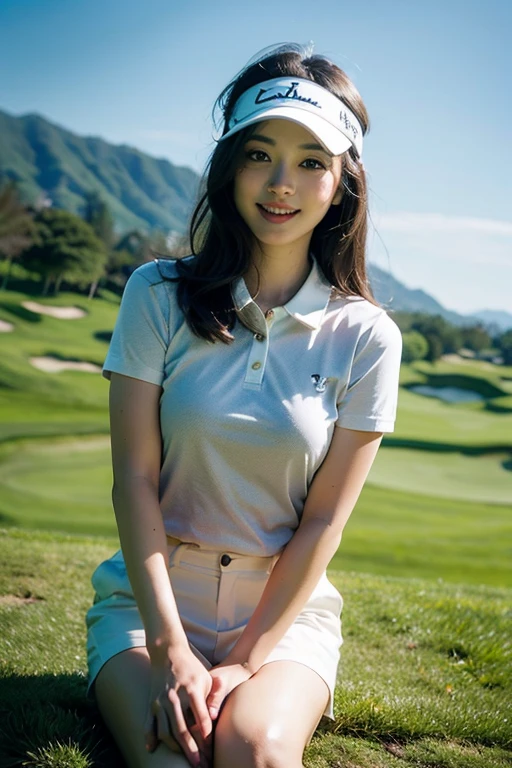 Highly detailed CG Unity 8K wallpapers, With the highest quality, Very detailed, masterpiece, Realistic, Realistic photos, Very detailedかわいい女の子, alone、thin, (タイトなGolf Wear) , (Golf Mini Flare Skirt) , (Wearing golf gloves)、smile , thin body, ((Large Breasts))、Viewers watch, Full Body Shot , Golf course , Sun visor, ponytail,Japanese women、light makeup、Baby Face、セクシー