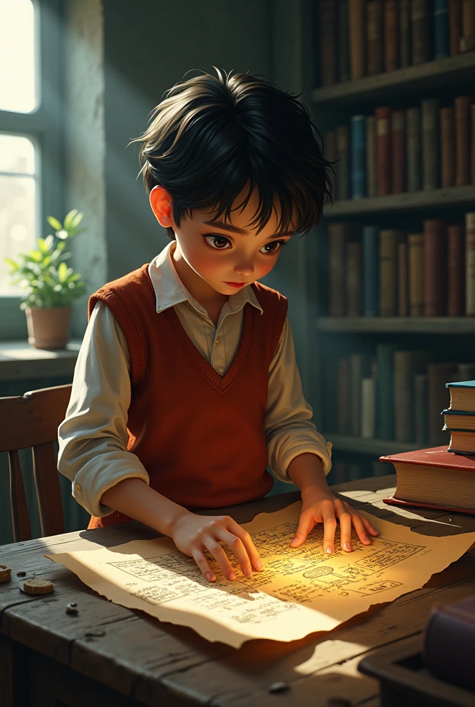 a boy in a messy room scattered books window moonlight