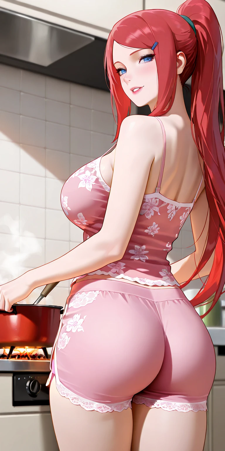 1girl, solo, nakano nino, pink hair, butterfly hair ornament, (naked:1.3), (white apron), large breasts, cleavage, thighs, cafe background, (blushing:1.3)