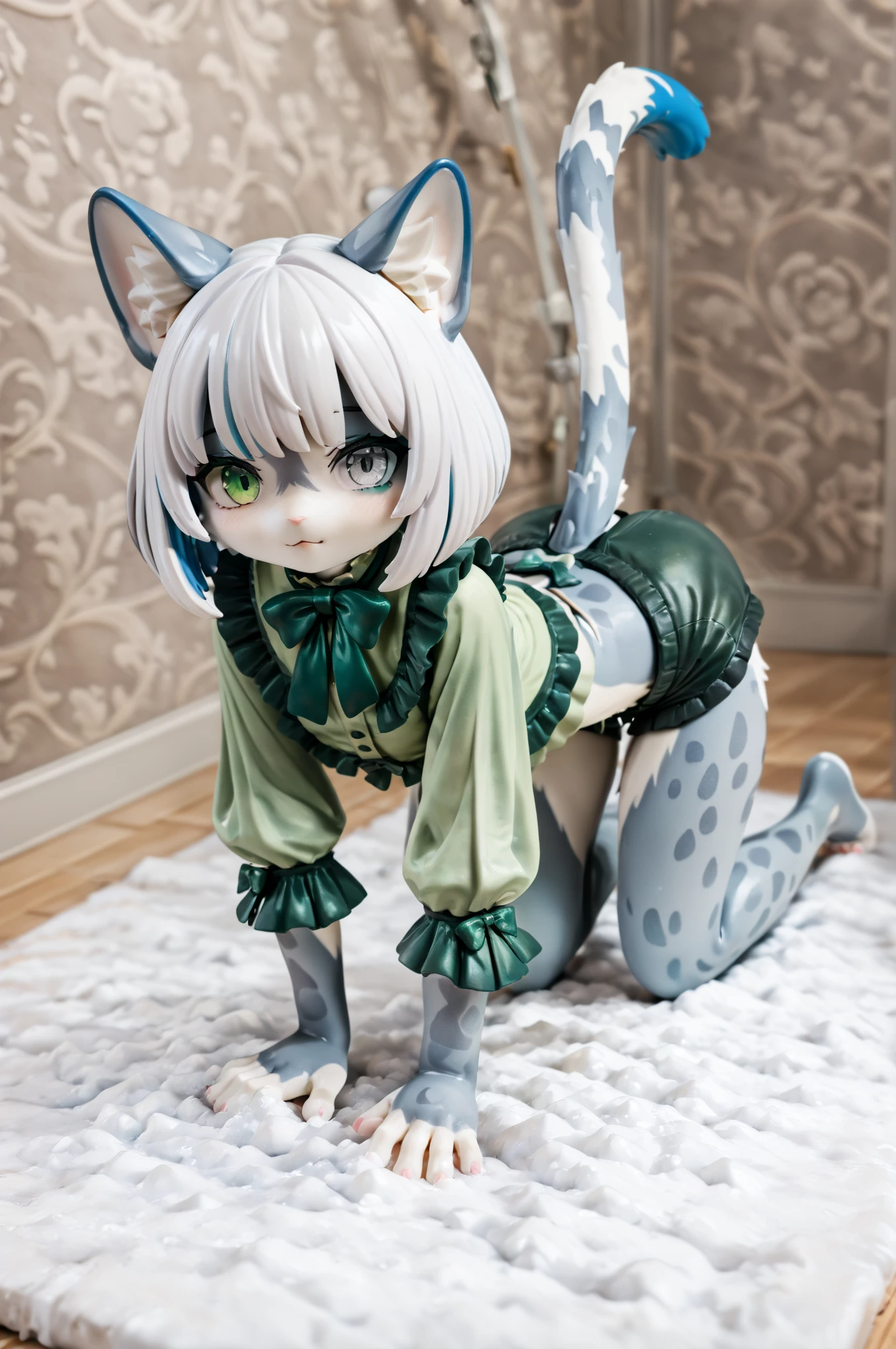 (masterpiece, best quality), 1girl, <lora:LoRA_Neferpitou:1> NeferpitouDef, orange eyes, white hair, short hair, wavy hair, bangs, curly hair, animal ears, hair between eyes, breasts, medium breasts, cat girl, cat tail, tail, cat ears, joints, doll joints, shirt, long sleeves, pantyhose, shorts, collared shirt, blue shirt, spoken question mark, brown shorts, orange shorts, shoes, socks, other focus, hunter x hunter, neferpitou, More doll joints*, (joints:1.4) or (doll joints:1.4)