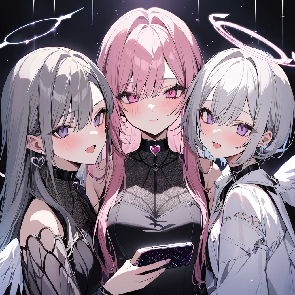 独奏, handsome, 1. Female, hime cut,Straight Hair,Bob Hair, White hair, nakano yotsuba, purple Eyes,Soft look,beautiful,beautiful,sexly,Darkness,Lots of silver earrings,choker, White Off Shoulder,White Distressed jeans,Good, White skin, black background,Angel Wings,Devil&#39;s Wings,