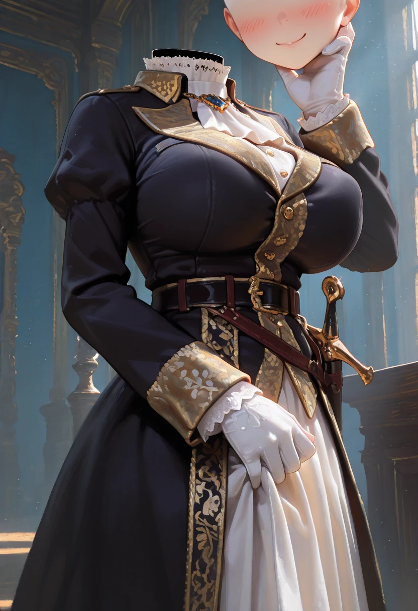 (masterpiece, best quality), intricate details, 1girl, Cammy White from Street Fighter (standing full body toe to head by wooden pole:1.2) iron collar, arms behind back, iron cuffs, shackles, bound, bondage outfit, harness, o-ring, bondage outfit blindfolded cover eyes, happy red cheeks, chain leash collar choker neck bell shackles wristbands bracers bracelets, cleave gag