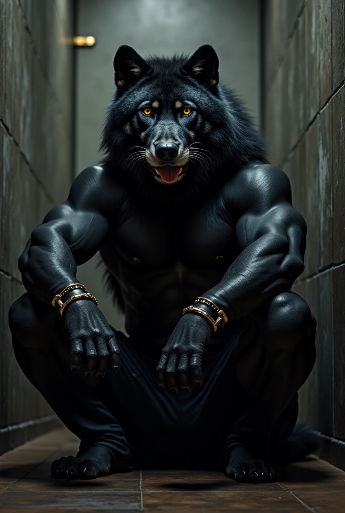 Muscular black jackal standing while posing seductively doing a photo shoot for the viewer showcasing their large veiny muscles while presenting their huge penis shaped bulge in their underwear, Masterpiece, highly detailed image, highly detailed genitalia, 4k, 4k resolution, big testicles, by Truegrave9, by Virtyalfobo, by Chunie, by Clockhands, thick theighs+, huge testicles+, inviting, inviting viewer, solo, long tail, looking pleasured+, dominant male, looking at viewer, photo shoot, plain background, bedroom eyes+, seductive male, bubblebutt, quote "think you can handle this?", presenting, large muscles+, hand behind head, penis shaped bulge, big bulge, black underwear, looking down at viewer, black skin+, ebony skin+, sweat, black colored underwear, leather underwear,