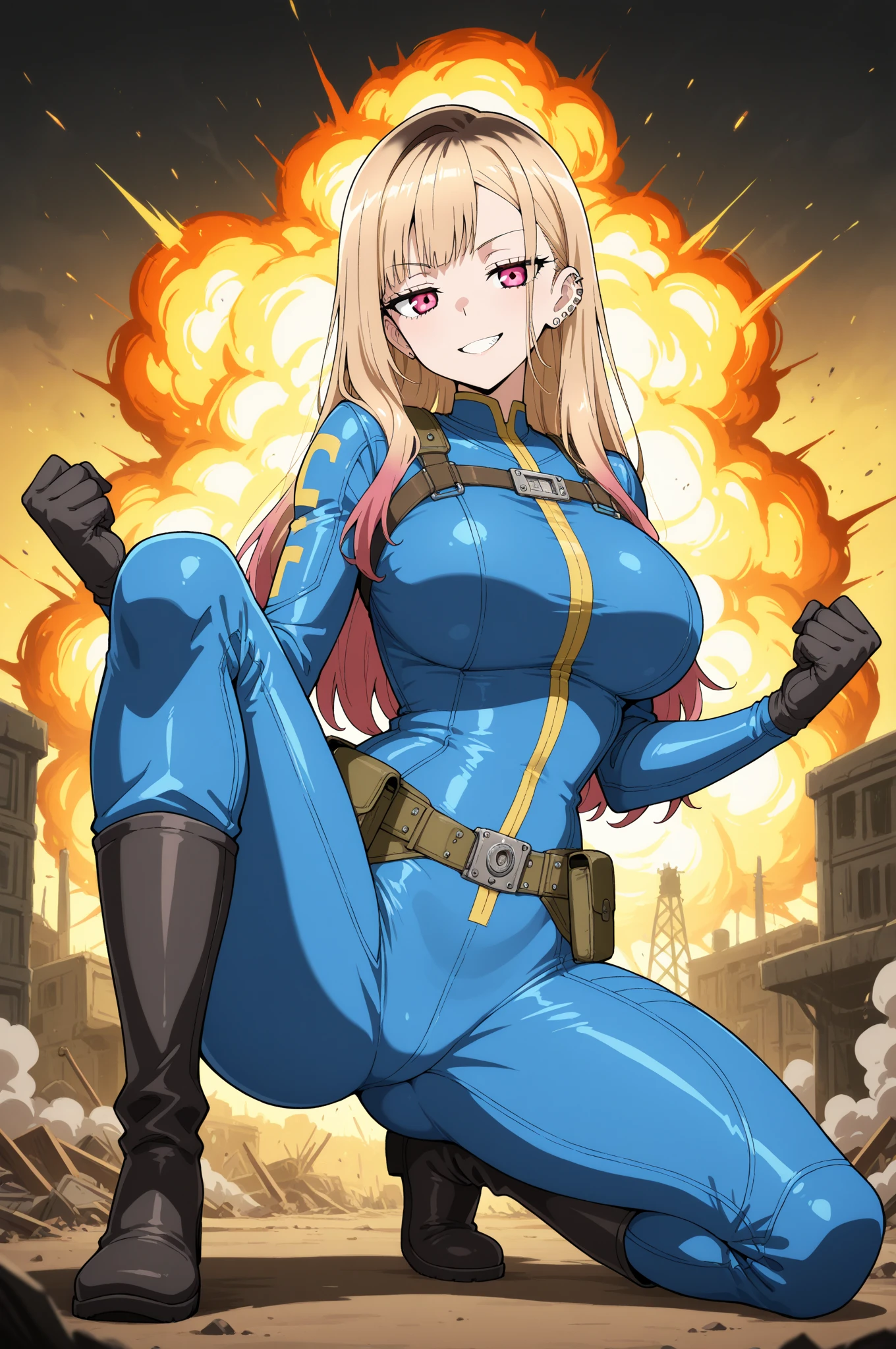 ultra-detailed, Explicit, Beautiful body, Beautiful Nose, Beautiful character design, perfect eyes, perfect face, ultra highres, 4K, beautiful legs, perfect legs, Nice hands, Perfect hand, Masterpiece, Best Quality, Highly detailed, illustration, absurdres, perfect ???????, street fighter, doll suit, shadaloo doll, dollsuit, expressionless, blank eyes, looking at viewer, red gloves, emotionless, black latex, corrution, mind control, female combatant, full body, hypnotized, unhappy trance, full body suit, ribbed bodysuit, both arms at side, obey, perfect female body, extremely glossy latex, hypnosis, hypnoLora, empty eyes, Mind control device, poses, submissive_pose, Slave, stand up straight, standing, standing at attention, hat, necktie, belt, latex, ribbed bodysuit, thighhighs, garter belt, Fighting Stance, extending the right arm from the shoulder into the air with a straightened hand, military, thigh boots, 1girl, hair ornaments, blonde hair, long hair, amber eyes, (((pixel-perfect, detail-perfect))), solo, 1girl, menou, capelet, ponytail