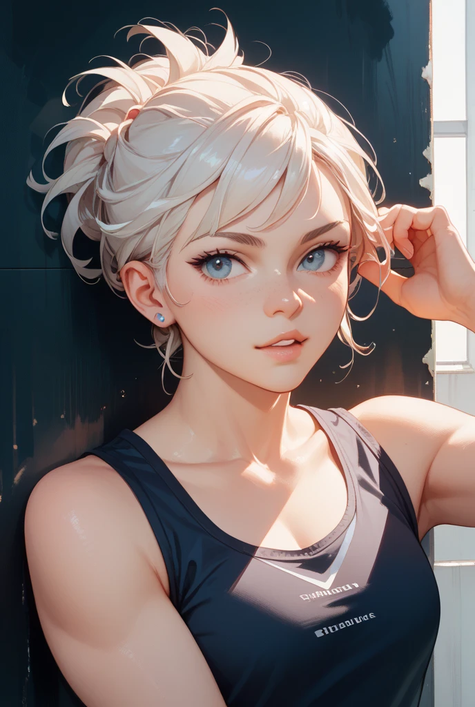 ((((masterpiece, best quality, high resolution)))), Extremely detailed 8K, Beautiful girl with slender body, (Ultra HD, Ultra-detailed, Highly detailed, Highly realistic, Ultra-realistic, photograph realistic), (1girl:1.5), (Realistic white hair), short wavy hair, bob cut, (dynamic poses), facing at camera, light smile, purple eyes, average breasts, (beautiful detailed face, beautiful detailed eyes), (white tank top, thin material), cleavage, dark jean shorts, glow, sweat, (sunbeam, sunlight)
