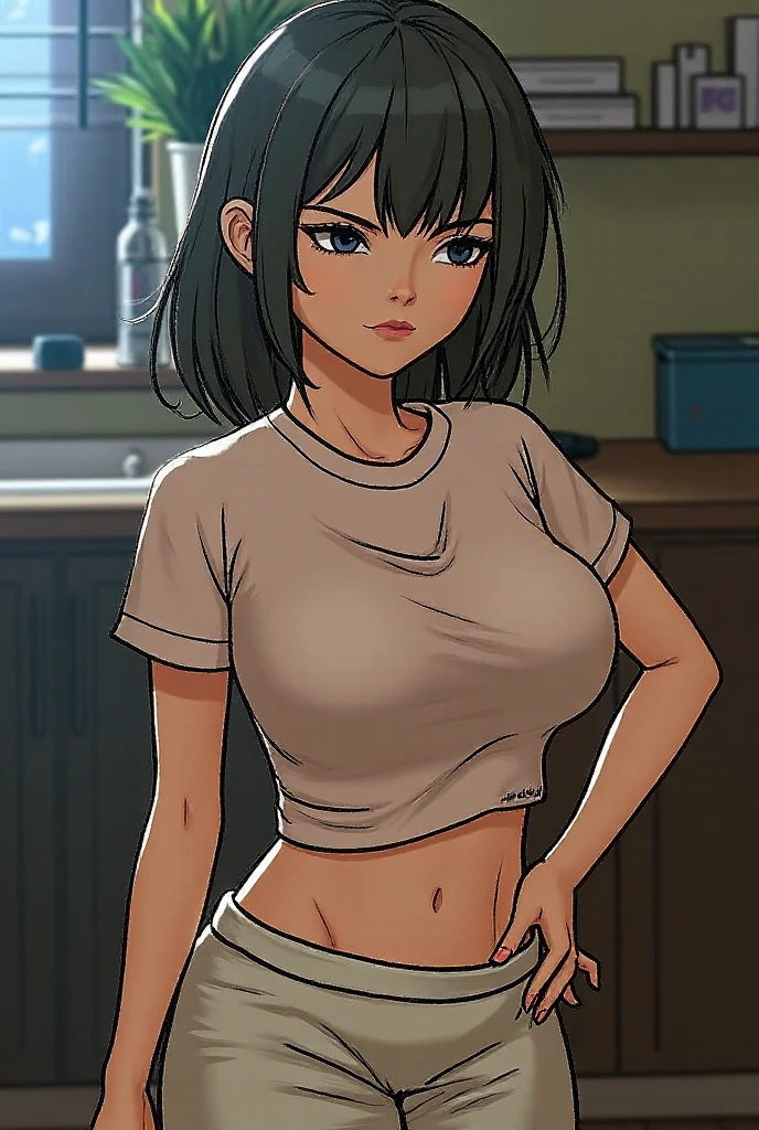 dark skin, bob cut, cleavage, tied shirt, midriff, flashing red panties, short skirt, stockings, brown eyes, ebony skin,