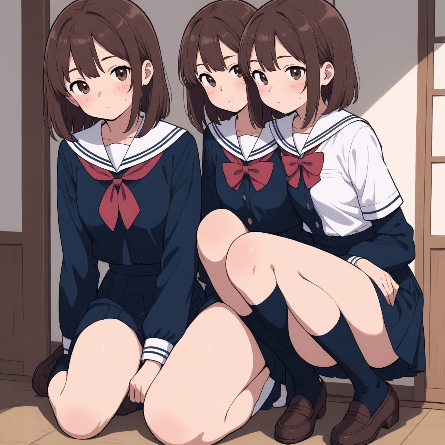 sano A smile、校服、skirt by the、Sit up、M-shaped legs、white panties、Short socks、Brown loafers、In front of the station、spread legs wide、