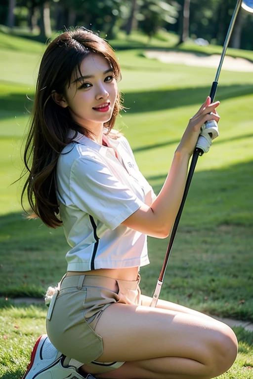 top-quality、A high resolution、ultra - detailed、tmasterpiece、RAW photography:2、hentail realism:2、Photorealsitic:2、Extremely Delicately Beautiful、finedetail、wetted skin、1 girl in、(Solo)、(Alone)、full-shot、Sky from below、Height is 170 cm、25 age old,Professional golfer、Flesh paws、Bare legs、golf course、Golf clothing、(A pink miniskirt)、Golf shoes、facing front、(Open crotch squats)、Crouch down to see what's going on on the green、(beauitful face:1.2)、Brown shortcut、showing white panties、Protrudes from the side of the panties、witheout panties