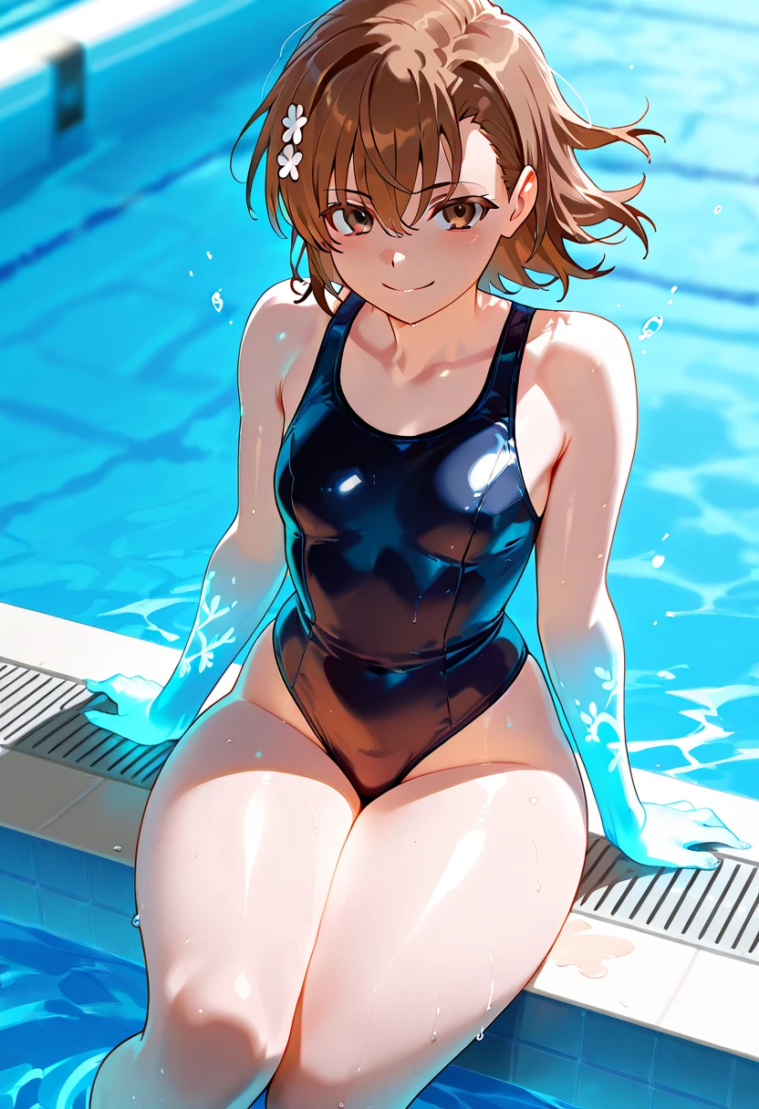 camel toe:1.4、((erect nipples))、((transparent nipples))、(Sweat)、(vapor)、(((long gloves:1.3)))、brown loafers、black calf length socks、Open your thighs wide to the left and right、地面にsquat、show off your crotch to the viewer, ((latex competitive swimwear:1.3、High leg、squat, spread your legs:1.3, arm behind head ))、12 years old、absurd、Grey headband、brown short hair、flat lighting、elevation angle、sexy pose、highest quality、Complex、surreal、perspective, very detailed, detailed background, shape、1 girl、alone、slanted eyes、big breasts、light smile, embarrassing, blush, ((outdoor poolside)),