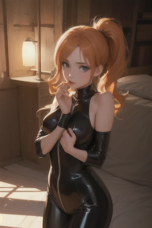 super high image, super detail, super high resolution, dark room with intense light, cute 1 girl, crawling on all fours, facial close-up, ((covered in semen)), skinny, small breasts, no cleavage, moist shiny lips, grinning, mischievous, light-orange hair, messy wild short hair, (hairpins), ((hair covering face)), green sparkling eyes, seductive eyes, (glossy dark eyeshadow), blush, sweaty, collar, buckles, black ripped t-shirt, ripped jeans, fish net stockings, punk rock, night time