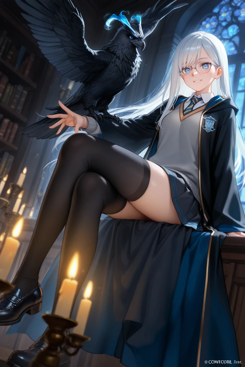 pretty face, good skin, white hair, long hair, small , black witch hat, short skirt, futanari, big penis, sit on, shy face,