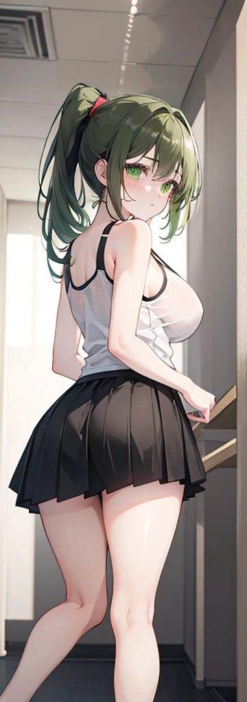 ((masterpiece)), ((best quality)), ((4K)), tall girl, pinch shirts, pull shirts, show glimpse of belly button, smiling, POV, patting my head