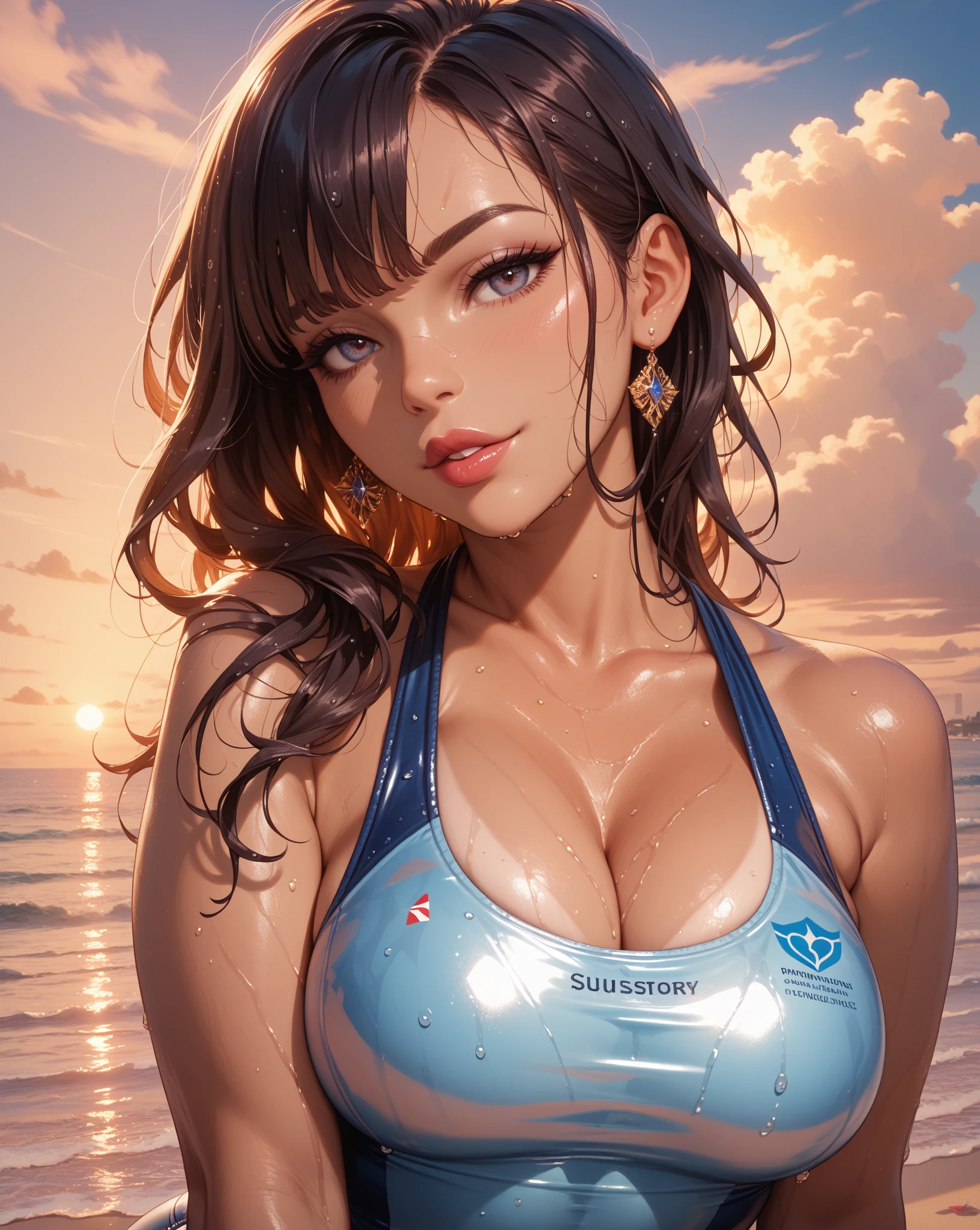 (Sports magazine cover photo), Highest quality, Great quality, 16K, Unbelievably absurd, Very detailed, delicate and dynamic, Natural light, The particles reflect light, Diffuse reflection of light, Many rainbow-colored petals fall, Beautiful sandy beach, Sparkling Sun, Diffuse reflection of light, Create amazing image effects, , Wet, sweating, Beach Volleyball, receive, Close-up(Cute sexy girl, big bouncing busts, Sensual expression, Cool girl, Serious, passion, Dynamic, Flashy swimsuit, ,audience , much-air-laden cheer)