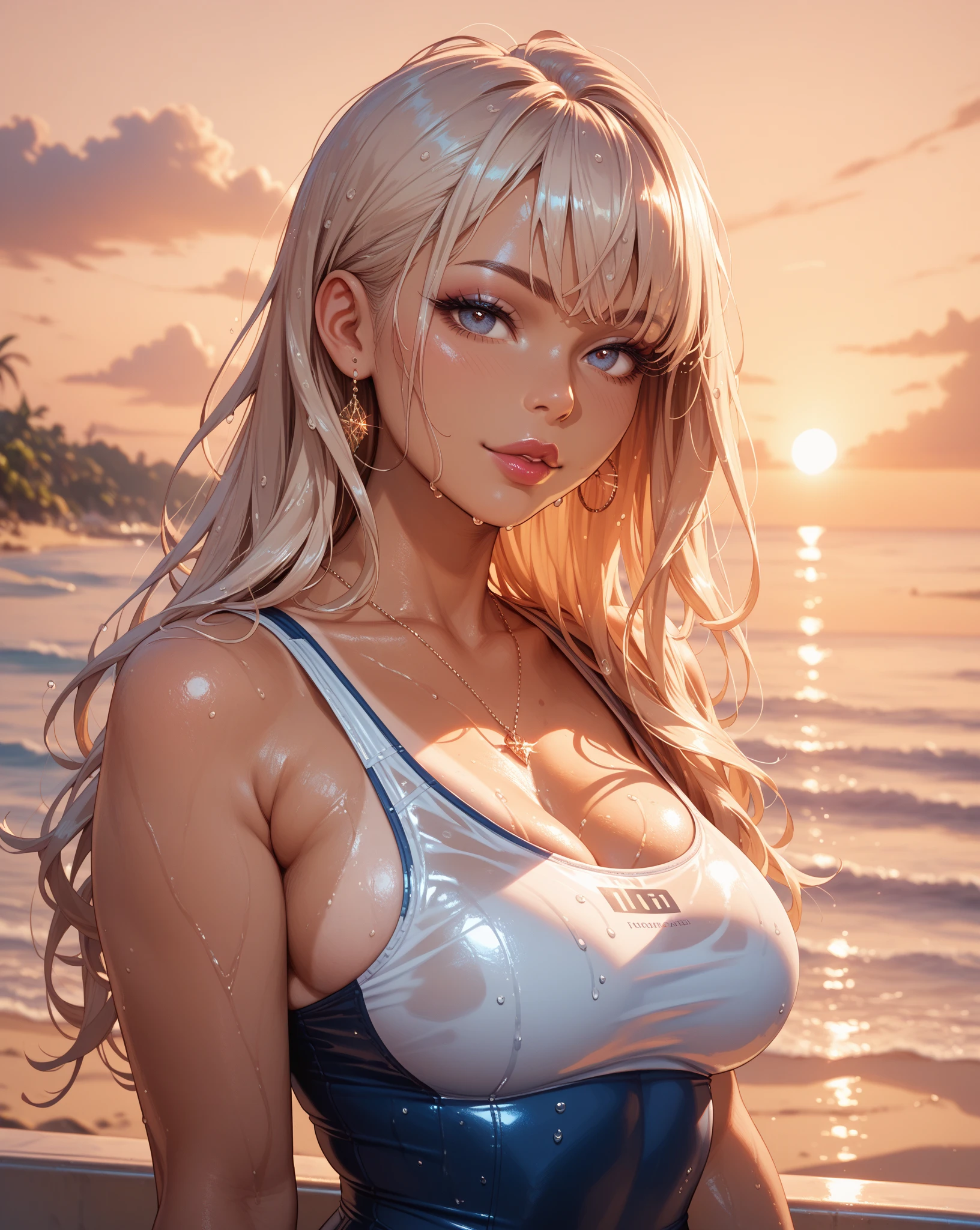 Classical painting, Sunset,desert,Woman in bikini,Portraiture,Looking down at the camera,Bikini,necklace,Earrings,bracelet, alone,Beautiful Face、A vivid face、40 years old、Sex appeal of adult women,blondes,blondes,Beautiful wavy hair,Beautiful hairstyle、 Realistic Skin、Beautiful Skin、Narrow shoulders,charm、 Upper Body,Waist-down angle,detailed,Realistic,Realistic,desert,Backlight、Soft Light、Swimwear,(Sergeant's Oil Painting)、(Highest quality、masterpiece)、Anatomically ,Somewhat large breasts(dcup),Sweat,A lot of sweat,Lots of sweat on my face,Painful expression,Wipe off the sweat,Smiling only with the mouth,it's raining