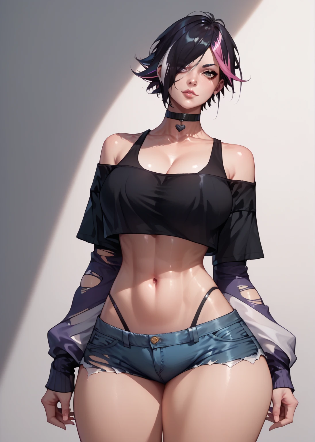 1girl, solo, best quality, expressive eyes, perfect face, bob-wig, huge breast, choker, multicolored_hair, brown eyes, adult woman, milf, (black hair:1.4, red hair ends), confident face, sfm, eyebrow piercing, ear piercing, navel, nagatiti, hanging breasts, full body shot, black crop-top, converse, fishnet tights, makeup, dark lipstick, a park, knife-pleat skirt, black nails, flower tattoos on left and right arm, white background