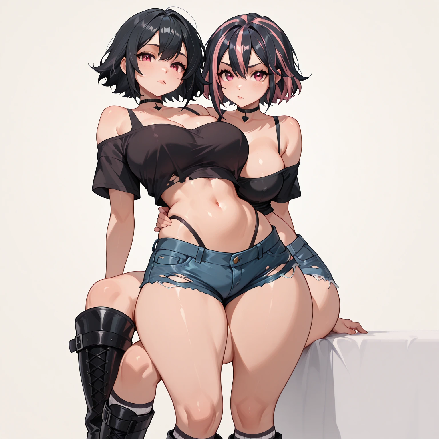 Two girls want sex, they look at you with eyes in love, they have big tits and a big ass, they squat over you, one of them has black crosses on her nipples, the other has a pink bra, they also have panties on Which says sex