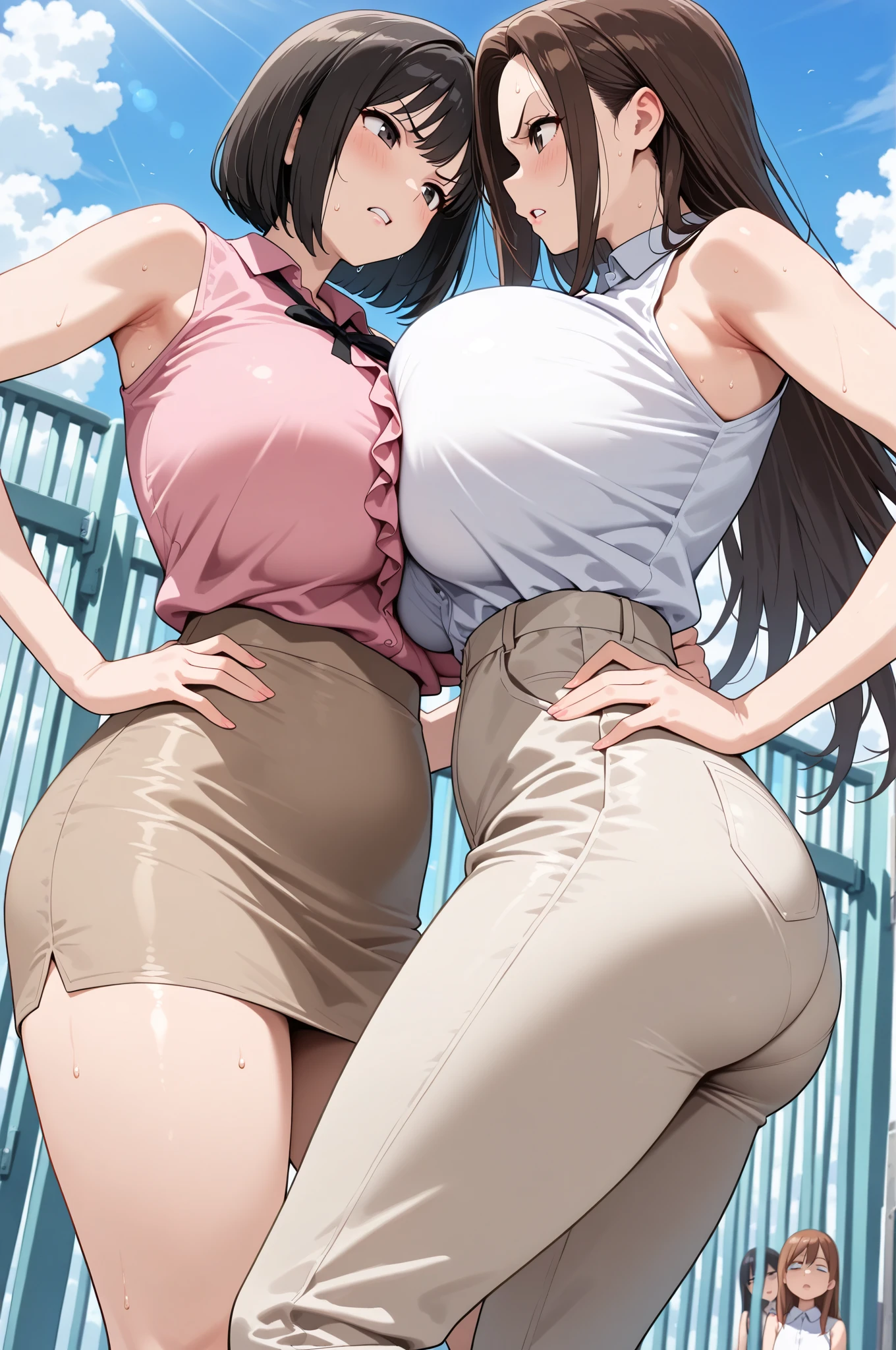 2 girls on vacation in sexy outfits on a meadow